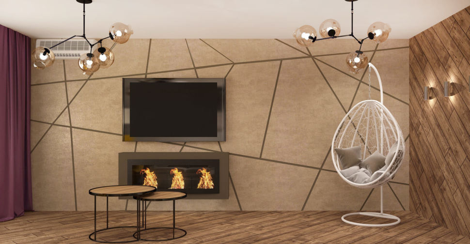 Визуализация кухни-гостиной в древесных тонах 33 кв.м, телевизор, люстра,кондиционер, журнальный столик, белое подвесное кресло, бежевый ламинат