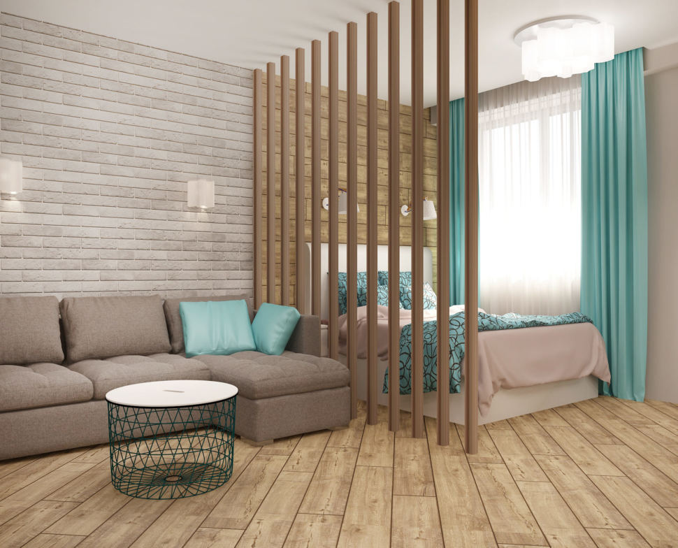 Дизайн-проект спальни-гостиной 22 кв.м в песочных тонах с бирюзовыми оттенками, перегородка из брусков, кровать, прикроватная тумба, бирюзовые портьеры