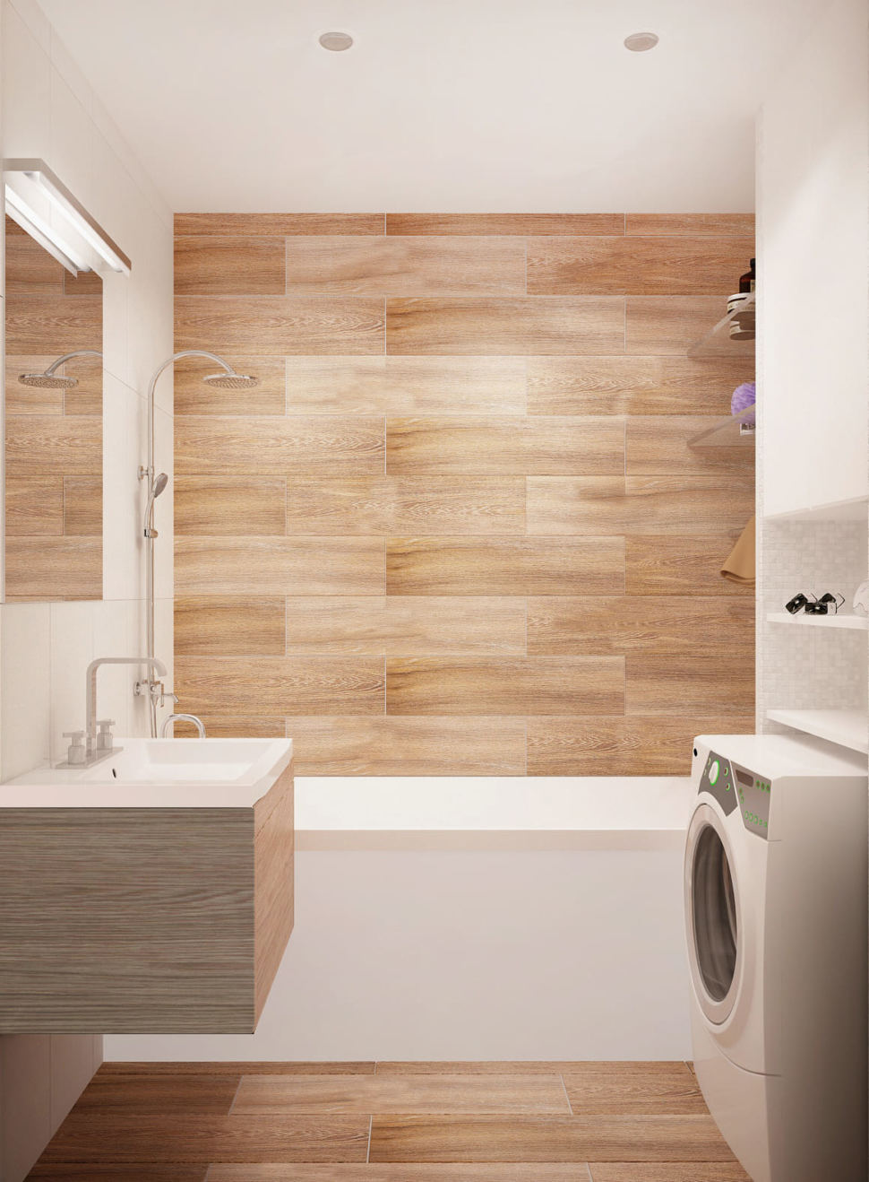 Визуализация ванной комнаты 3 кв.м в древесных и белых оттенках, ванная, стиральная машинка, подвесная тумба, зеркало, потолочные светильники