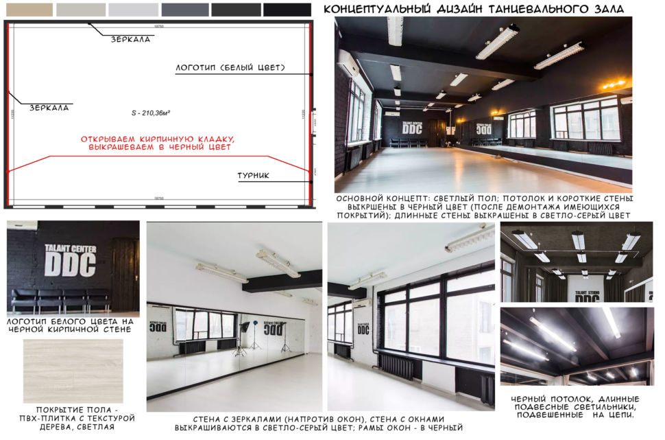 Концептуальный коллаж танцевального зала 210 кв.м, черный потолок, черные рамы на окнах, радиаторы, зеркала, белый логотип